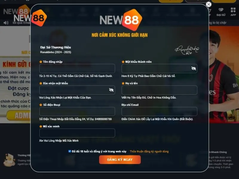Form đăng ký tài khoản tại New88