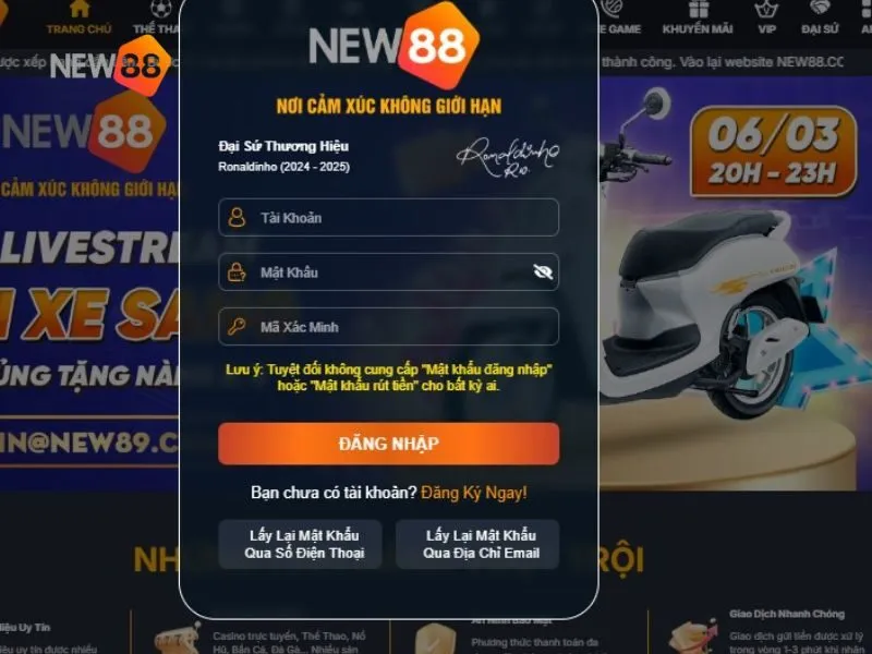 Giao diện đăng nhập New88